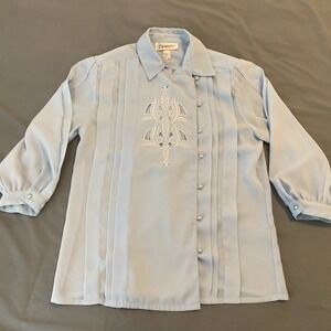 Vintage Diversity Blouse Womens Small Blue 3/4 Sleeve Button Top Embroidered 80s